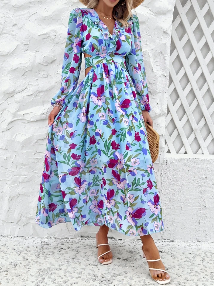 

Women's Dress Fashion Back Cutout Boho Knot Floral Midi Dress Summer Puff Sleeve Elegant Dresses Tied Ruched Holiday Dresses