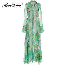 MoaaYina Spring Fashion Designer Vintage Floral Print Dress Women Lapel Single Breasted High Waist Slim Holiday Party Long Dress