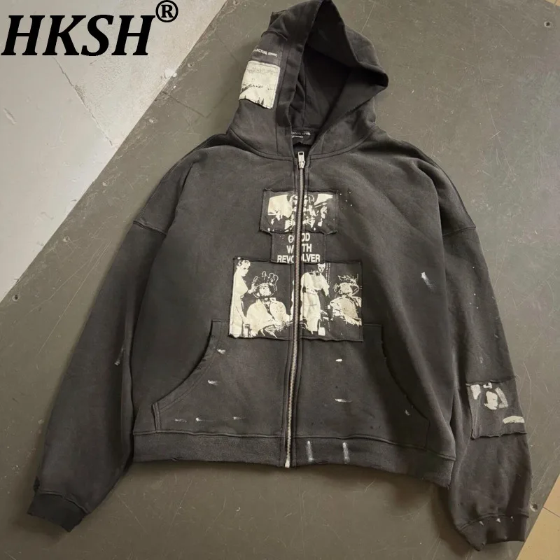 HKSH Spring Autumn New Men Tide Dark Punk Vintage American Graffiti Patch Print Cardigan Hooded Sweatshirt Casual Zipper HK28133
