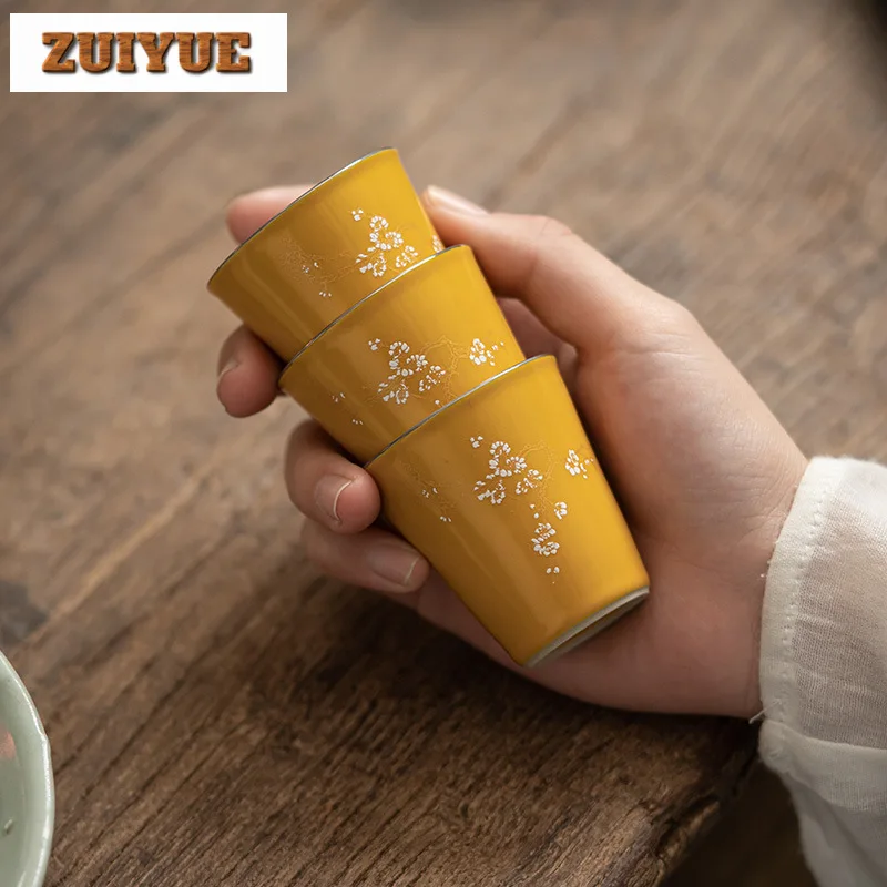 

2pc/set Bright Yellow Handmade Teacup Household Outline in Gold Master Cup Antique Jug Fragrance Cup Tea Bowl Tea Ceremony 40ml