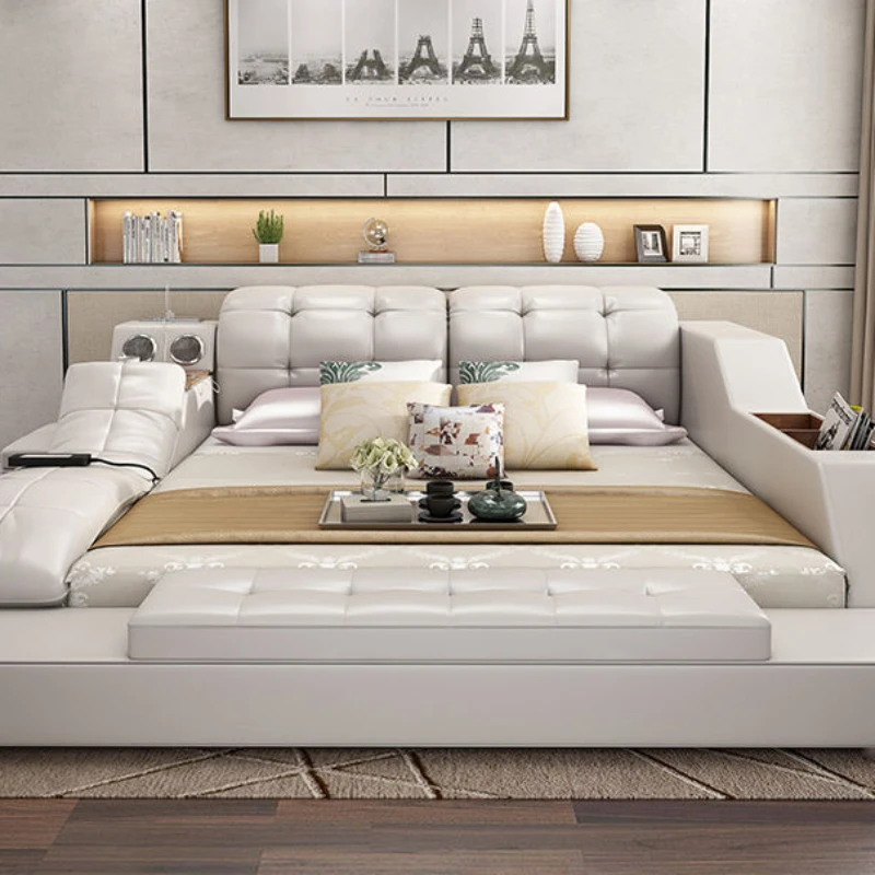 Cama de couro dupla para quarto, Projetor nórdico, Cama luxuosa para apartamento, Única e moderna, Mobília luxuosa