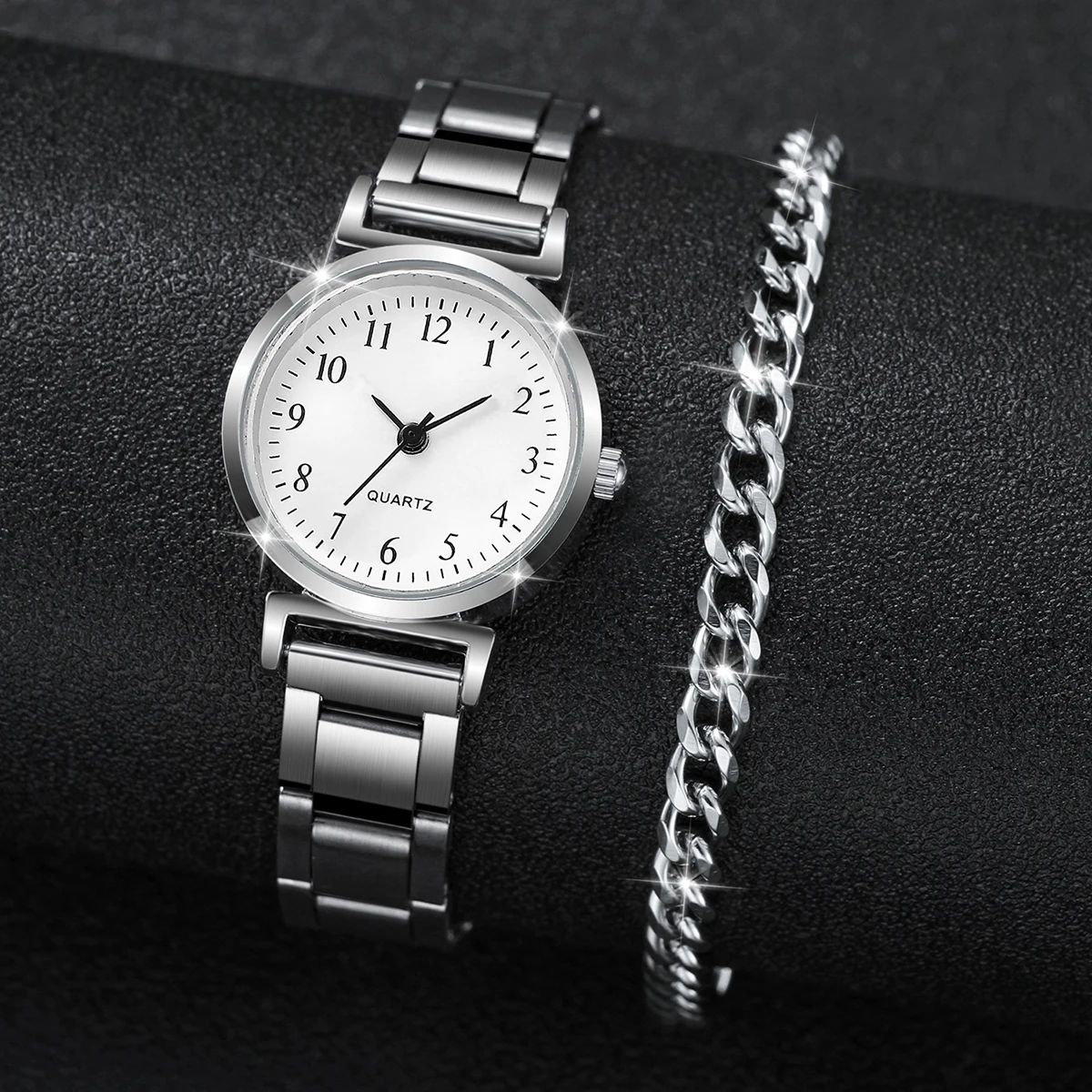 2PCs/Set Women\'s Watch Fashion Round Dial Stainless Steel Strap Quartz Watch with Silver Bracelet