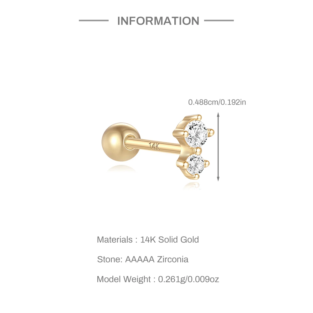 LENNIK 14K Pure Gold Earring Women European and American luxury mini horse eye zircon flat head threaded piercing earrings jewel