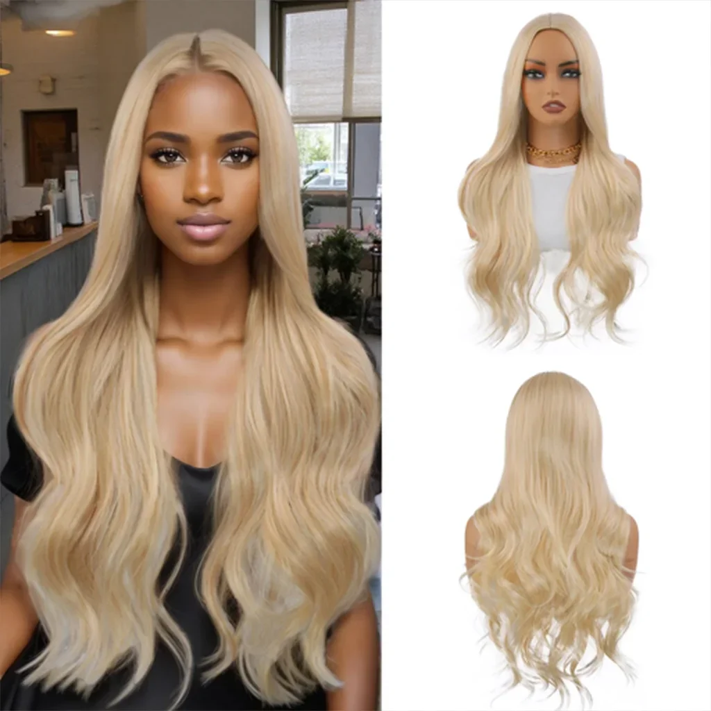 Parrucca sintetica ondulata/capelli lisci Ombre marrone dorato di alto livello, soffice e resistente al calore, adatta per le feste quotidiane delle donne