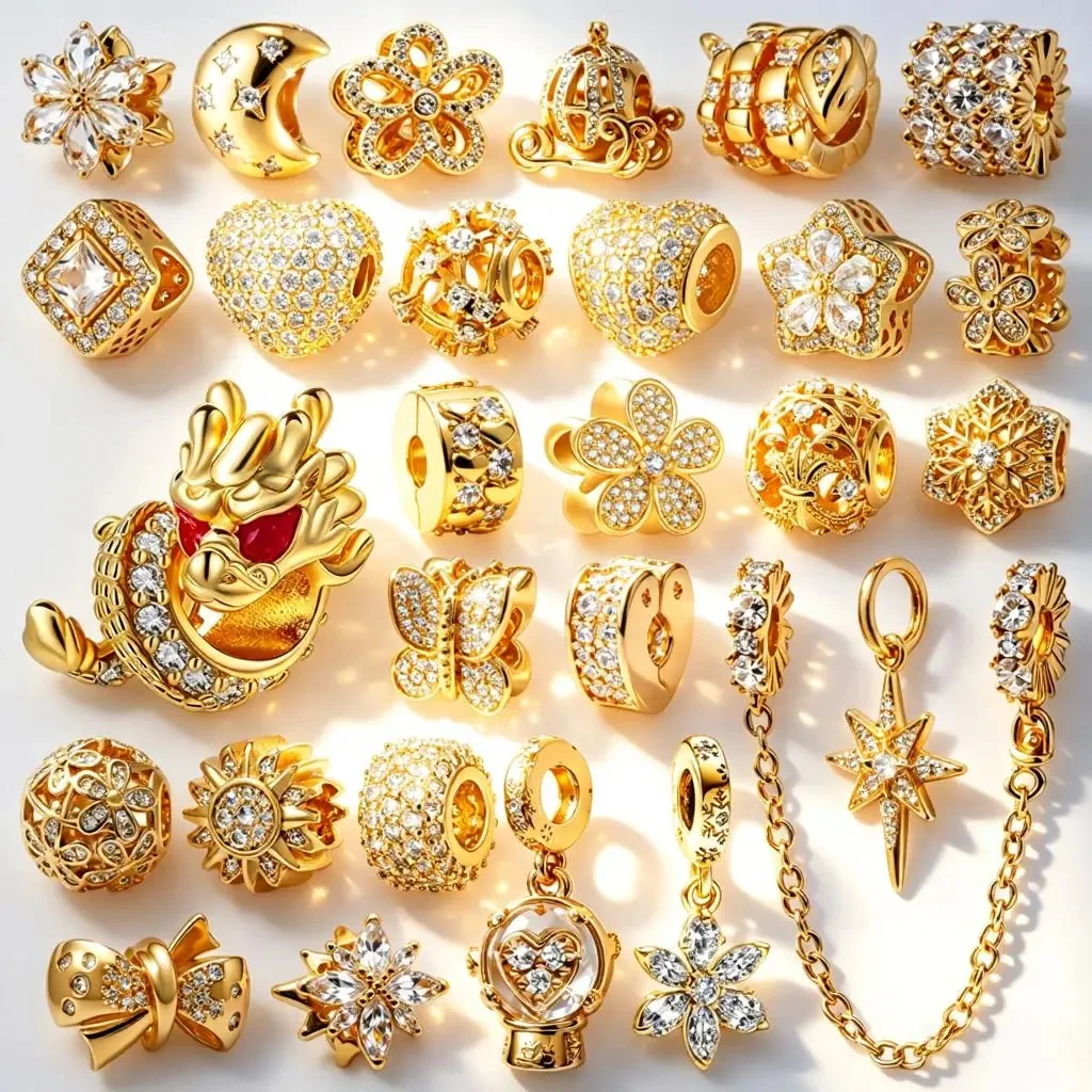 

Hot Sale Sparkling Golden Charms DIY Jewelry Gifts Paw Print Hearts Clip Snowflake Butterfly Beads Fit Original Snake Bracelets