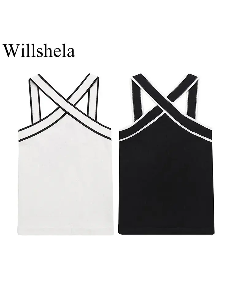 Willshela Women Fashion Patchwork Backless Tank Tops Vintage V-Neck Cross Straps Female Chic Lady Vest Top