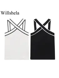 Willshela Women Fashion Patchwork Backless Tank Tops Vintage V-Neck Cross Straps Female Chic Lady Vest Top