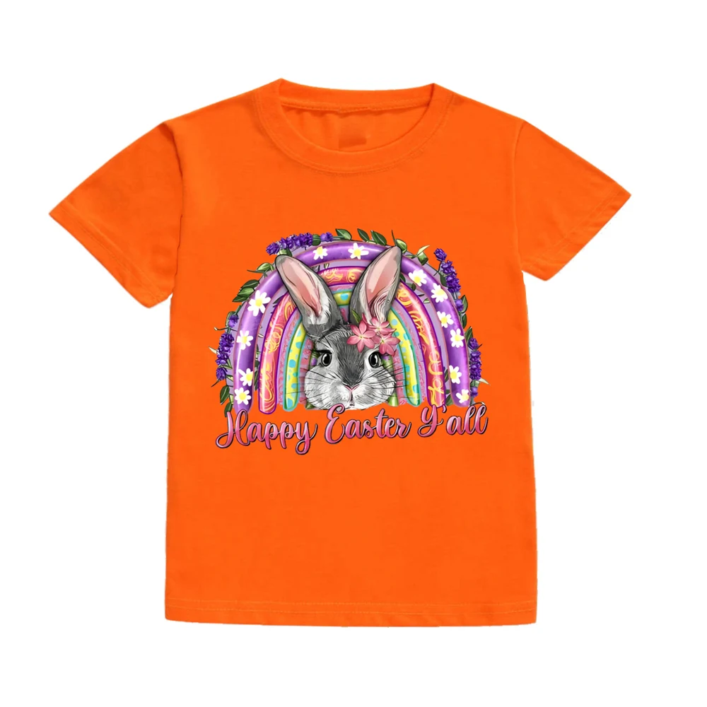 Bunny&HAPPY EASTER Kids T-shirt Rainbow Pattern Child Tshirts Short Sleeve summer Tee Tops Easter Casual Kid Clothes