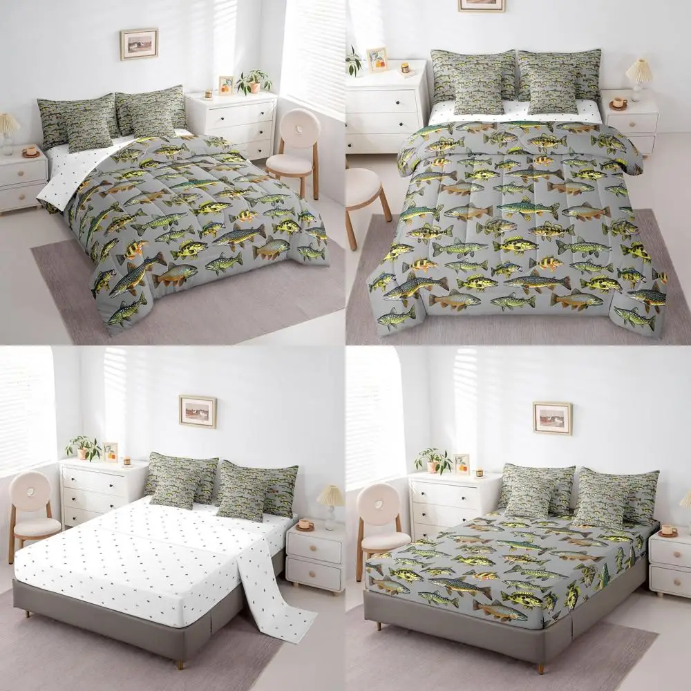 

King Size Comforter Set for Boys and Girls, Fishing and Hunting Theme Bedding with Rustic Style (Comforter + Sheet + Pillowcases