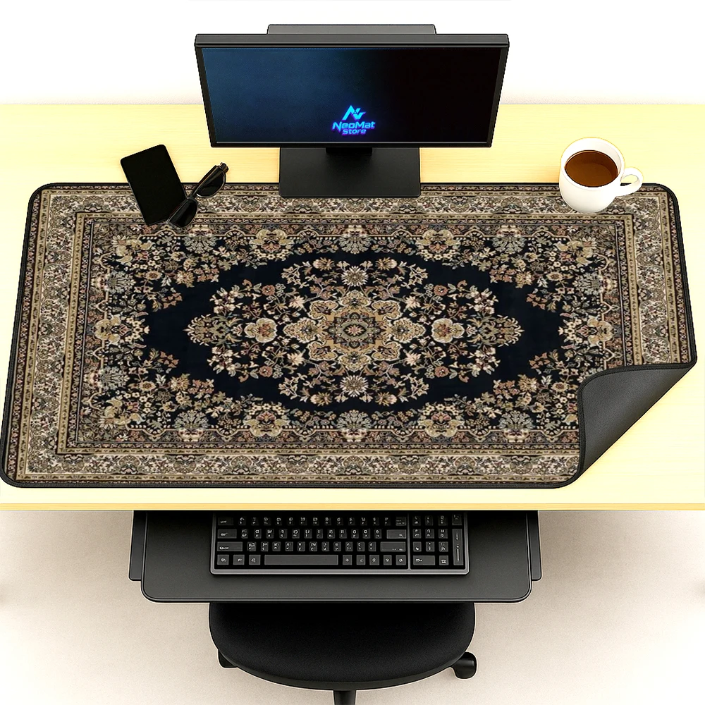 Floral Mouse Pad Gaming Desk Mat 160x60 Elegant Vintage Black Mousepad Beige Ornate Pattern Accessories Full Desk 5mm Thick Pc