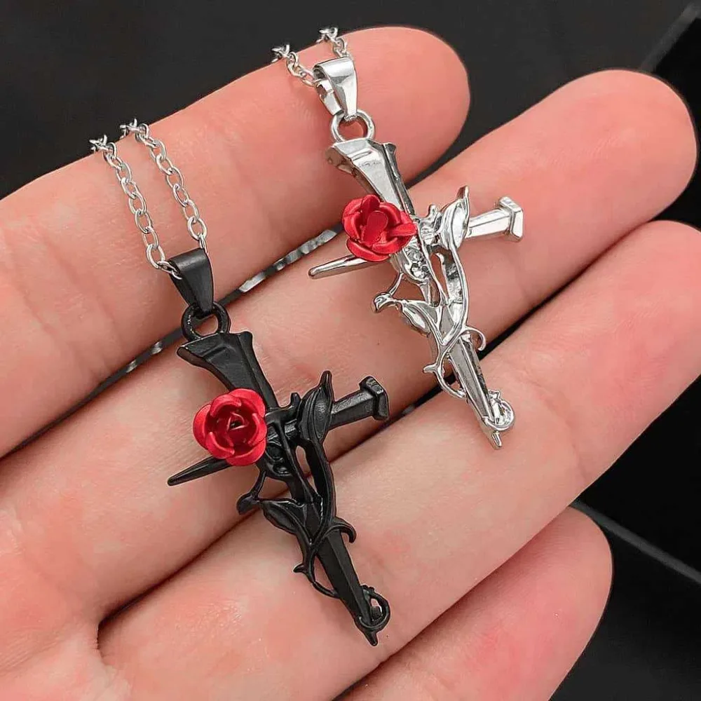 Gothic Punk Simulated Stereo Red Rose Flowers Winding Cross Pendant Stainless Steel Necklace for Women Halloween Witch Jewelry