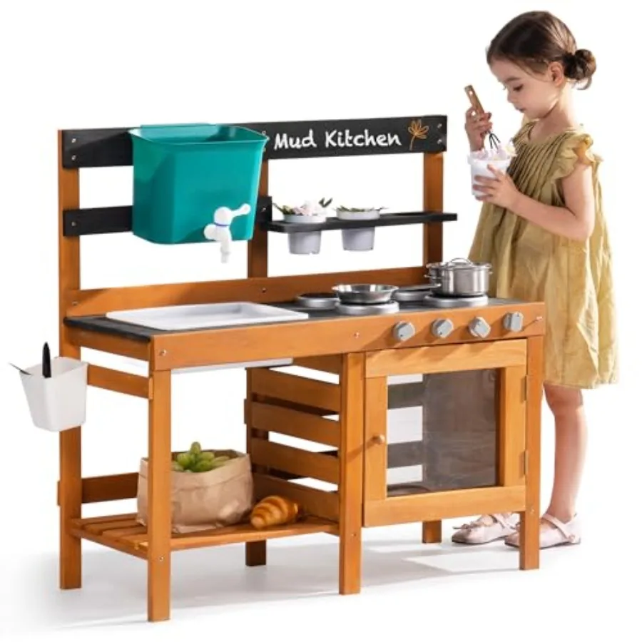 

Грязевая кухня для улицы - Деревянный кухонный набор для игр на открытом воздухе с настоящими водными игровыми кастрюлями и садовыми инструментами - Sens