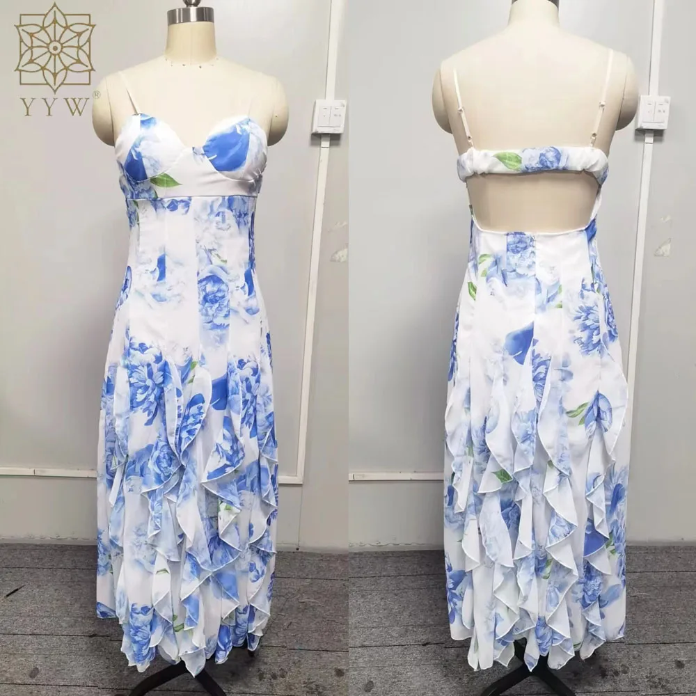 Vestido longo azul frilled feminino, sexy com decote em v, sem mangas, ajuste fino, sem encosto, floral estampado, noite, verão, 2024