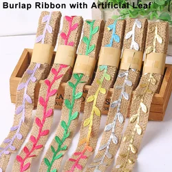 2M Jute Leaf Ribbons Burlap Ribbon with Artificial Vine Green Leaves Natural Burlap Leaves Lace Gift Wrapping Crafts Party Decor