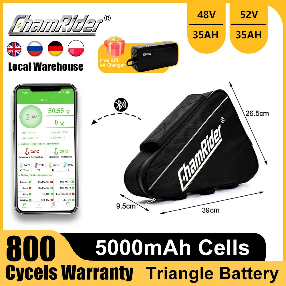 Electric Bike Battery 48V 52V ChamRider Battery Small Triangle Battery 26.1AH 35AH Capacity 50A 40A 18650 21700 Cells