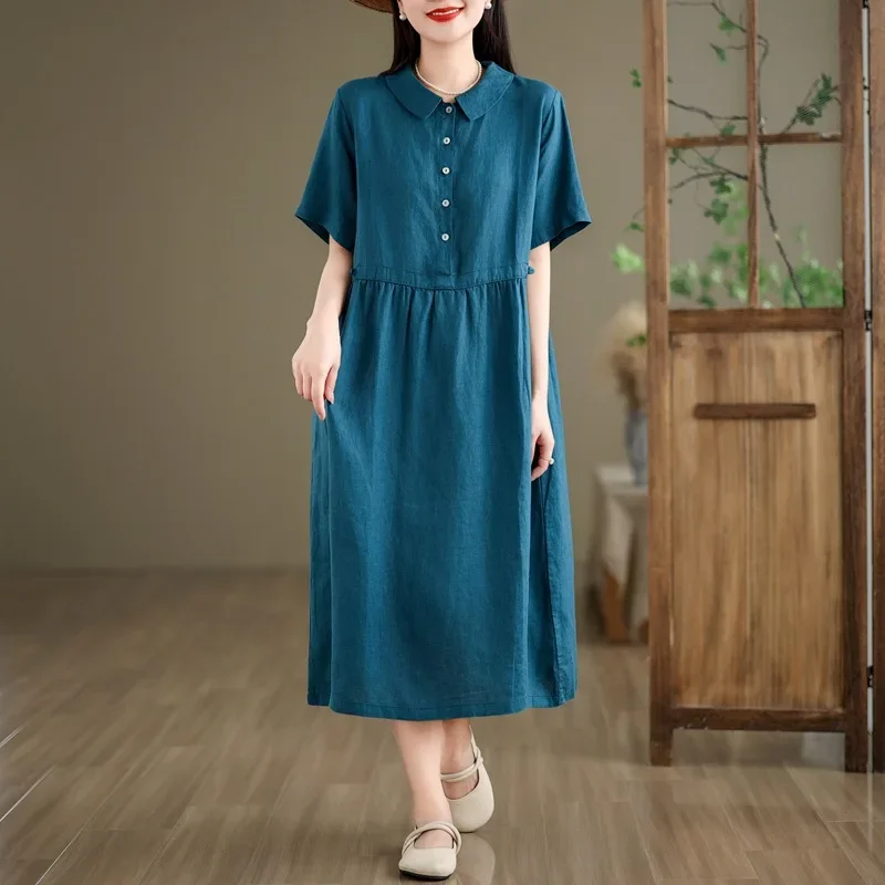 New Summer 2025 Women's Sleeveless Midi Dress Overhead Cotton Linen Blend Short Sleeve Headwear Pure Color Japanese Style Dress