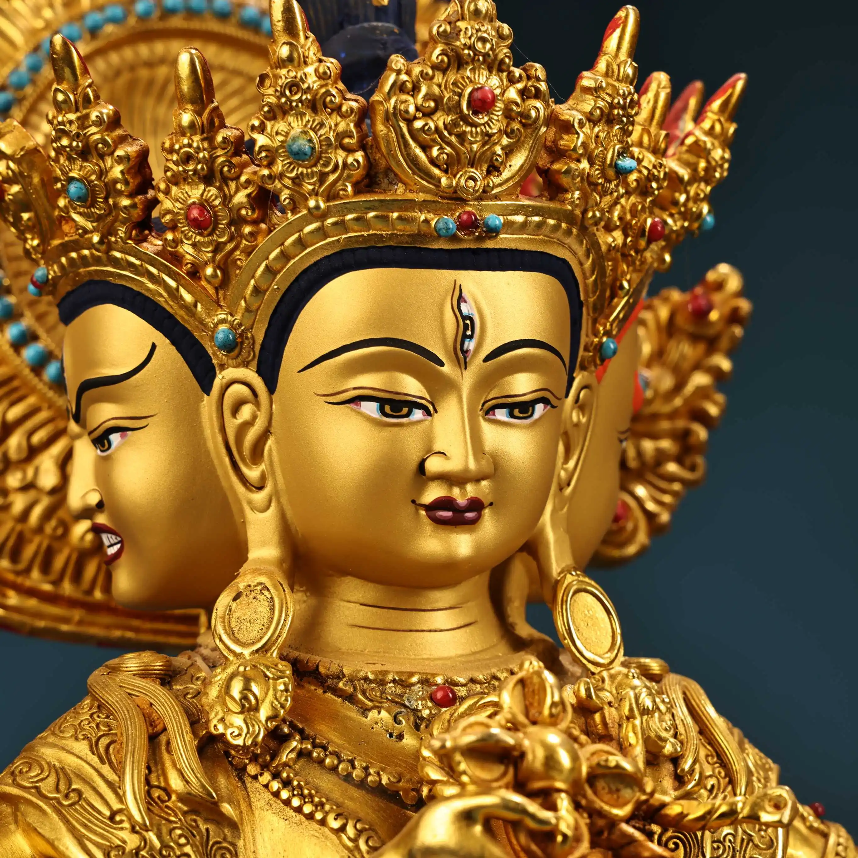 

15"Xizang Folk Collection Old Bronze Gilded Painted Face Mosaic Gem Namgyalma Sitting Buddha Lotus Terrace Worship Hall