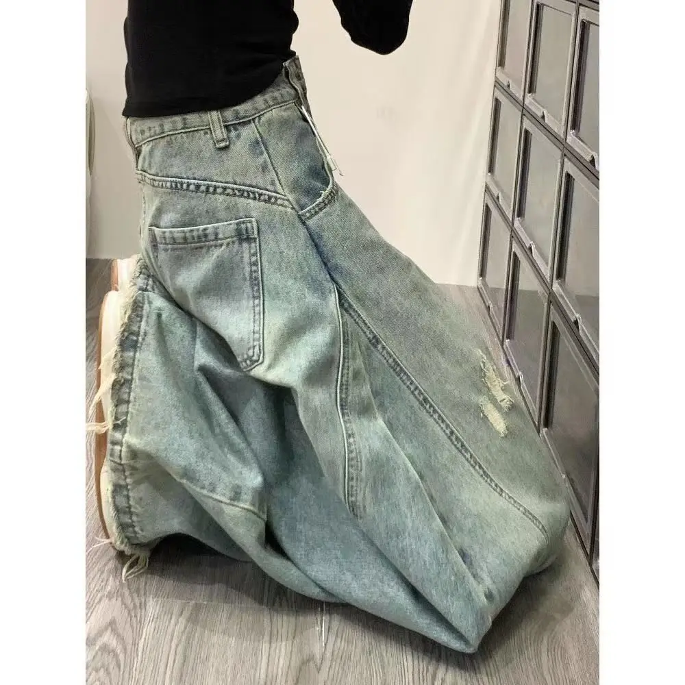 

American Style High Street Vintage Wide Leg Denim Jeans Women's Fall New High Waist Ripped Loose Knife Floor Length Pants