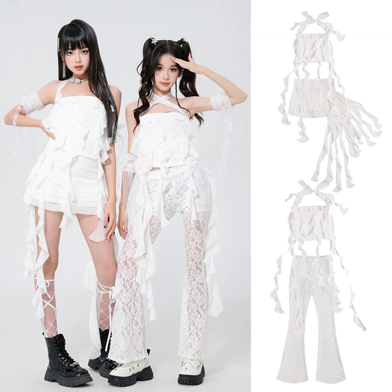 

2025 New White K POPJazz Dance Costume Girls Hip-Hop Dance Performance Clothing Children's Girl Group Party Streetwear XH2931