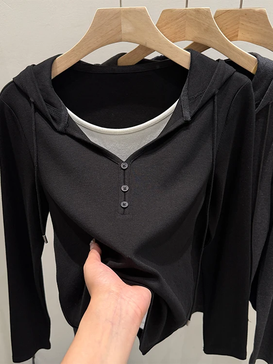 Hooded Base Layer Long Sve Sweatirt Spring Autumn Thin Casual T-irt Small Size Inner Wear Layered Hoodie Top