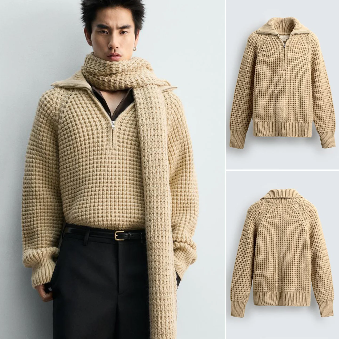 

Winter New Men's Loose Fit Long Sve Plaid Knitwear Turn-down Collar Casual Sle Polyester Fiber Warmth-Bearing Top