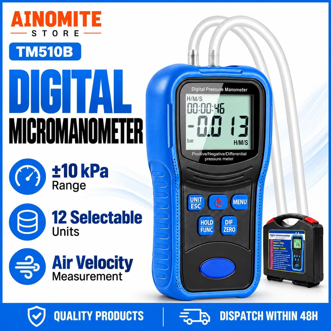 TM510B Digital Differential Manometer ±10kPa Handheld Air Pressure Gauge with 12 Units and Velocity Measurement for HVAC Testing