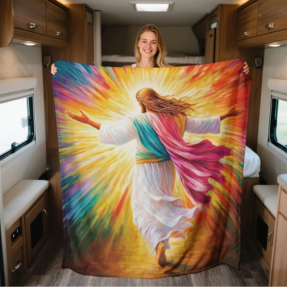 Jesus Divine Light Religious Flannel Fleece Blanket Soft Cozy Christian Bedspread for Couch RV Travel