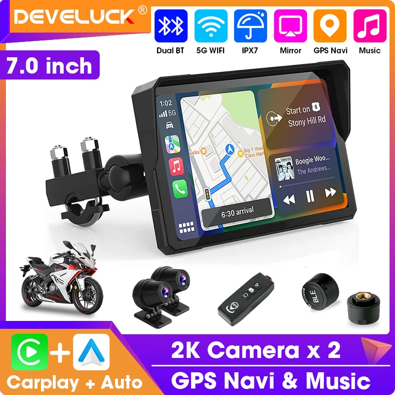 7 inch Portable CarPlay Motorcycle Android Auto IPX7 Waterproof Digital Moto Dashboard Screen GPS Navigation 2K Dual Camera