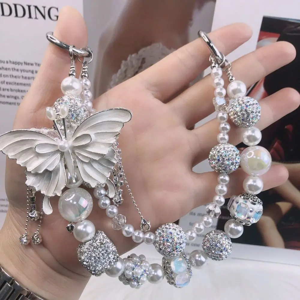

Glitter Rhinestone Phone Chain Double Layer Luxury Butterfly Key Chain Tassel Anti-loss Beaded Cell Phone Lanyard Key Chain