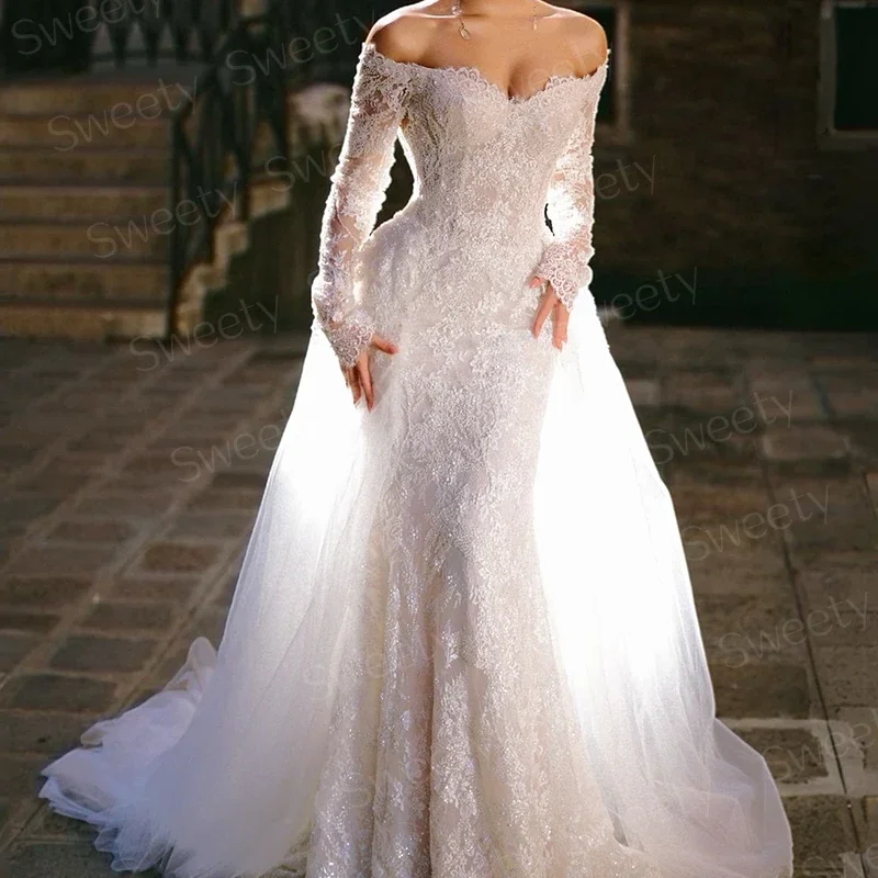 Anmutiges Brautkleid mit abnehmbarer Schleppe aus Organza mit Stickerei, Meerjungfrau-Ballkleid, U-Boot-Ausschnitt, volle Ärmel, maßgeschneidert, Vestido De Novia