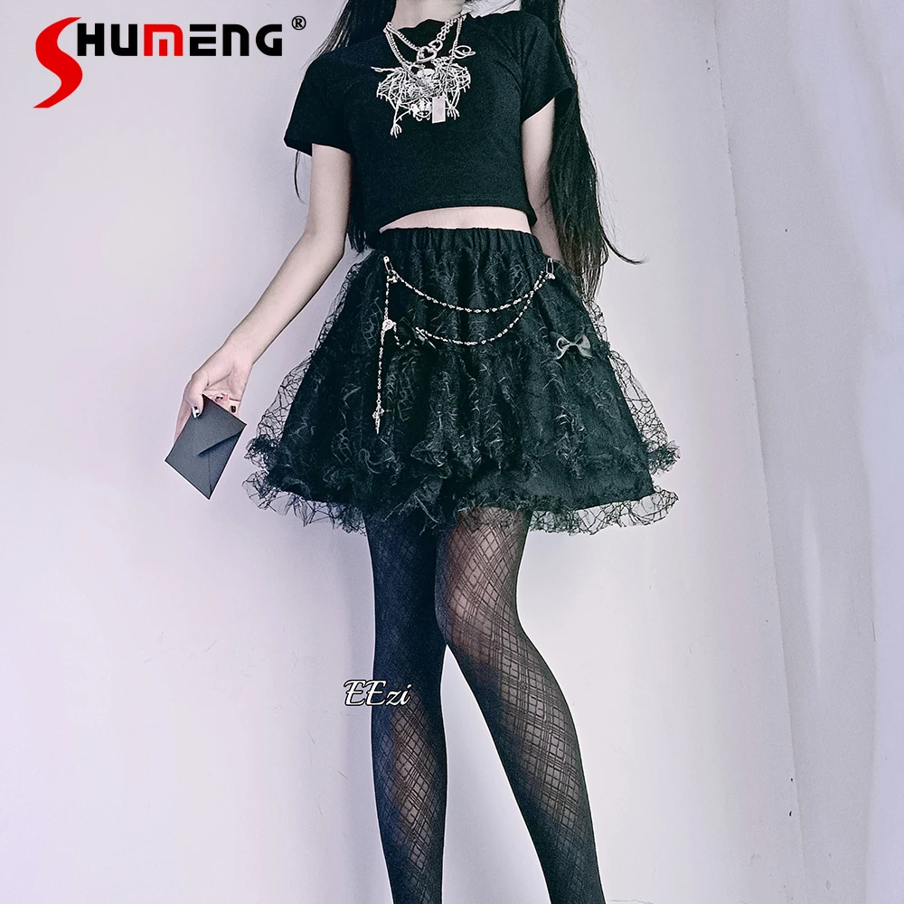 

Original Dark Goth Hot Girl Chain Cake Skirts Women 2024 Spring New Gothic Harajuku Black Lace Short Skirt Y2k Clothes Female