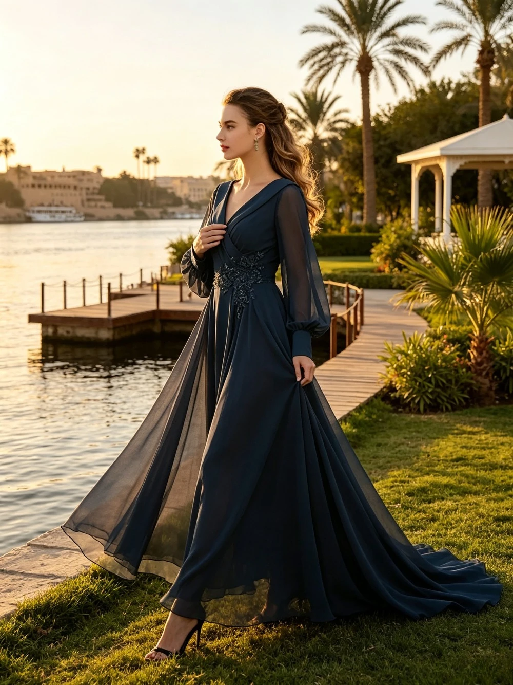 Customized V-neck Long Sleeved Chiffon Evening Gown 2026 Simple Waist Cinched A-line Bridal Dress Elegant Suitable for Parties