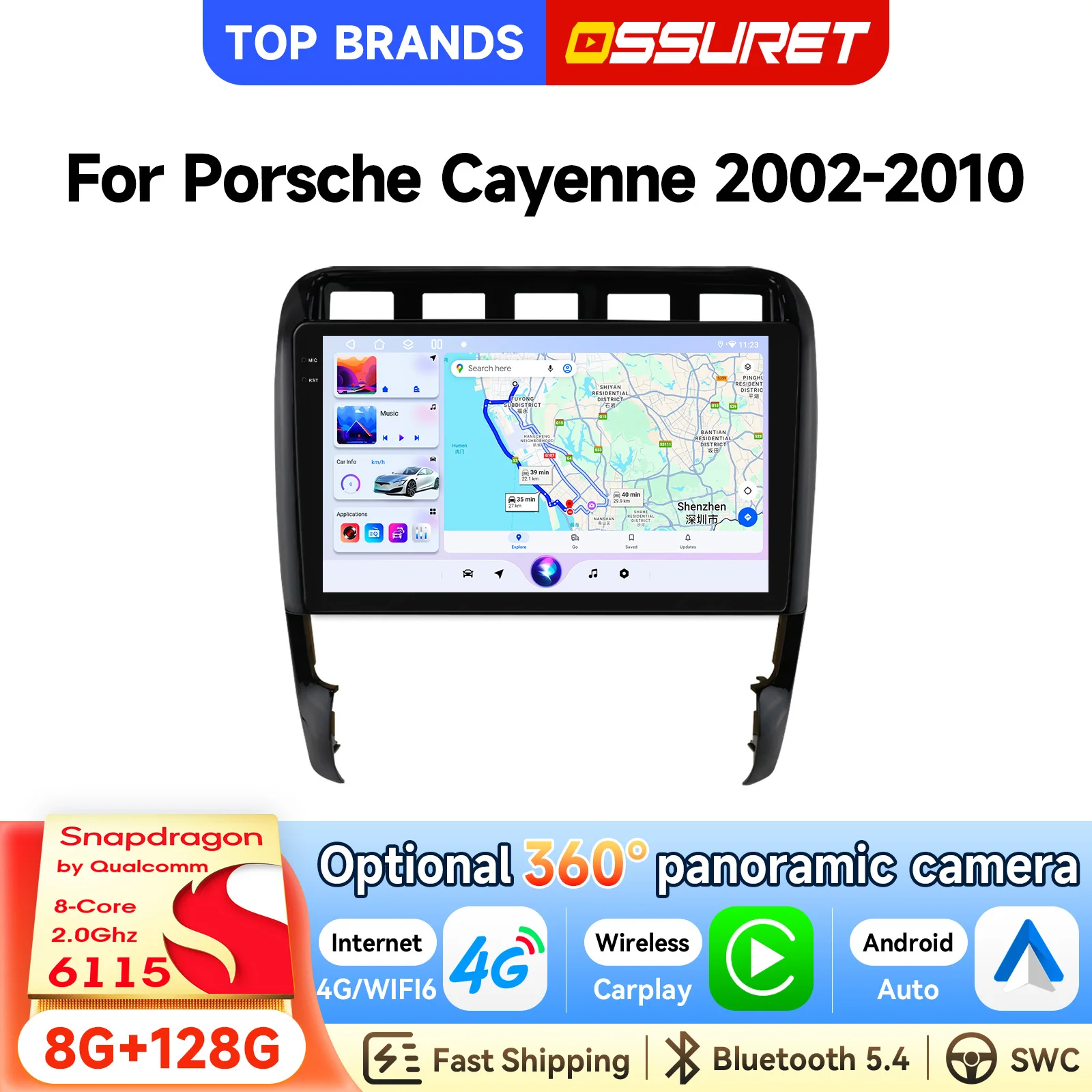 OSSURET Schneller Versand 2 Din 9 Zoll Android 15 GPS-Navigation Autoradio für Porsche Cayenne 2002-2010 Intelligente Head Unit Wireless CarPlay Android Auto SWC Octa Core RDS DSP Audio WiFi Bluetooth