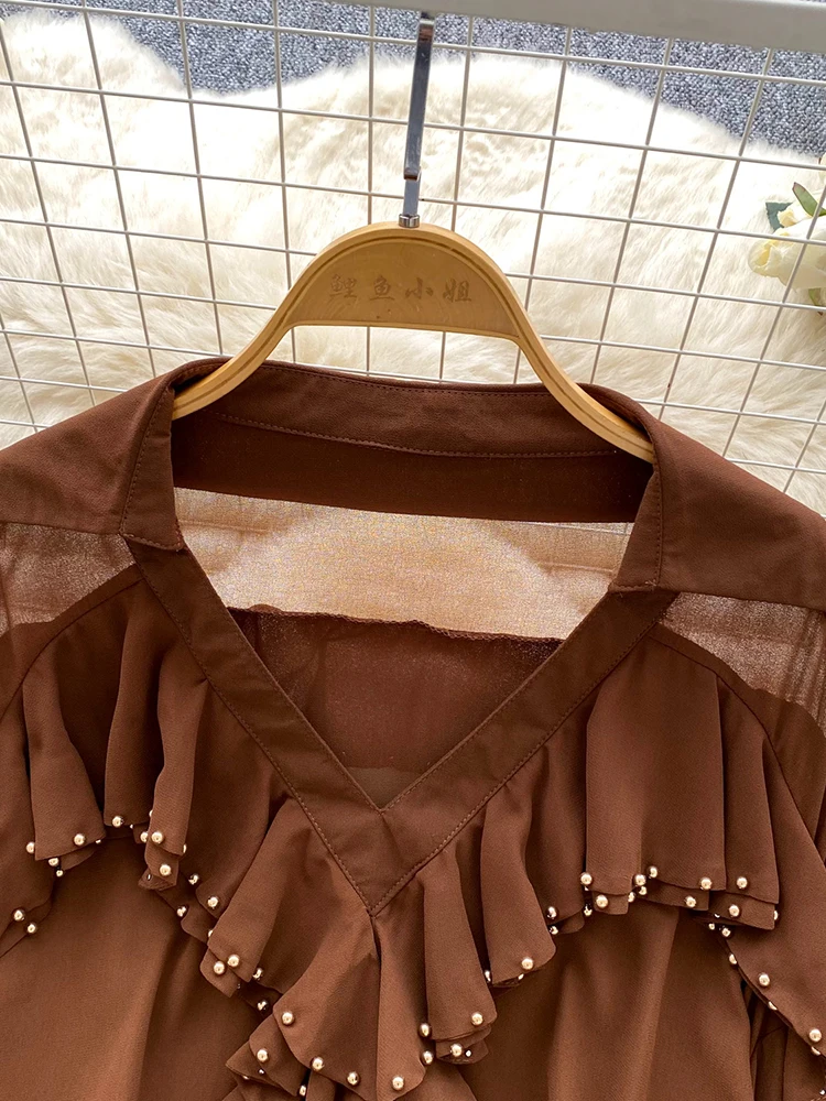 Blusa fina francesa de primavera y otoño para mujer, camisa de gasa con manga acampanada empalmada con volantes y cuentas de alta resistencia, Jersey holgado, Top BL300