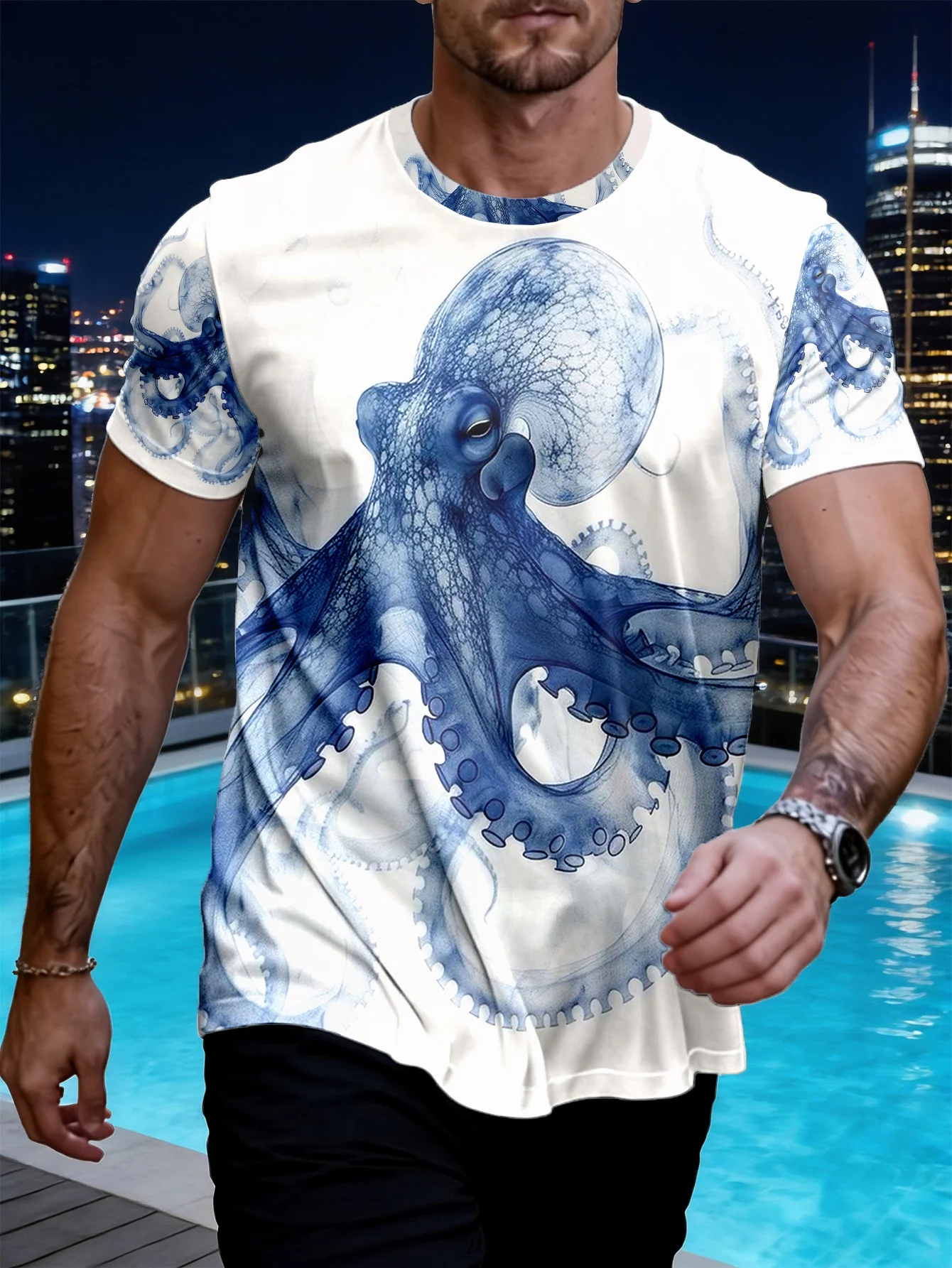 Men's Ink Wash Blue Octopus Full Print T-Shirt Watercolor Marine Animal Casual Crew Neck Tee