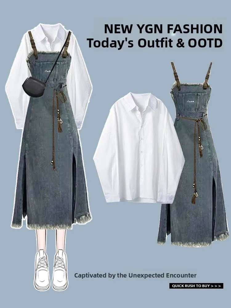 

White Long Sve Denim irt Women's Spring Summer New Loose Design Sense Cro Small Ba Strap Dr Casual Sle Collar