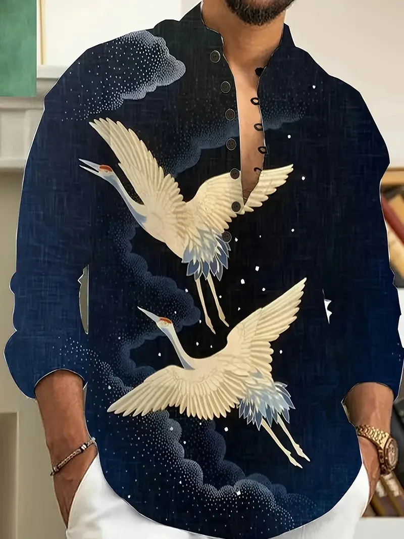 

Men's Ethnic Plant Pattern Long Sleeve Shirt High Quality Henry Collar Shirt Fabric Comfort Designer Design