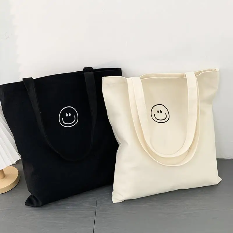 Durable Canvas Tote Bag for Work And Study Cute Smiling Face Simple Japanese Style Versatile Bag Suitable for Men And Women