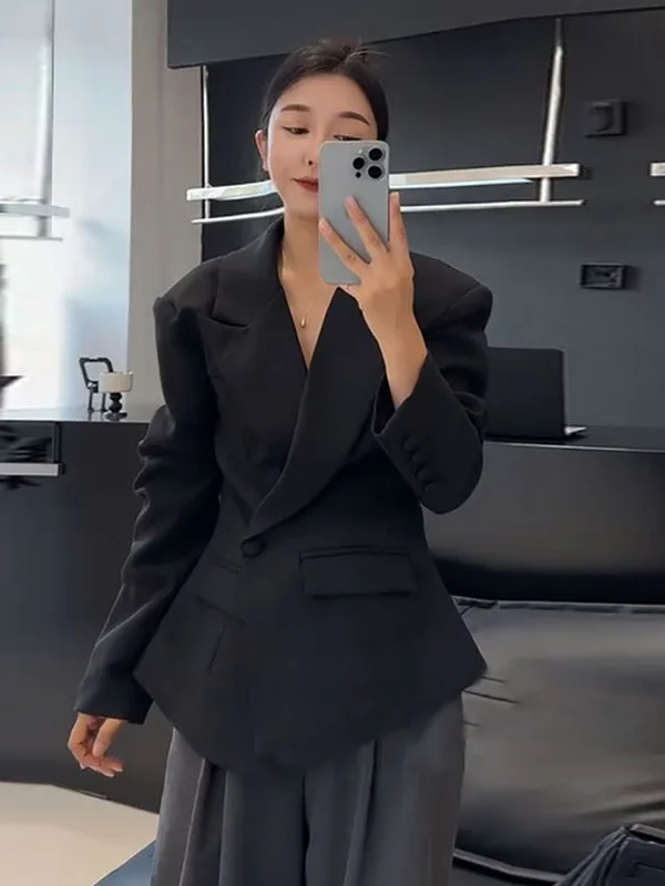

Black Casual Korean Style Women's Suit Jacket Waist-Cinching Spring 2025 Design Sensation Commute Style Long Sleeve Coat