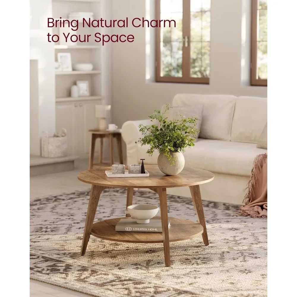Round Coffee Table, 2-Tier Center Table with Storage, Tapered Legs, Curved Transitions