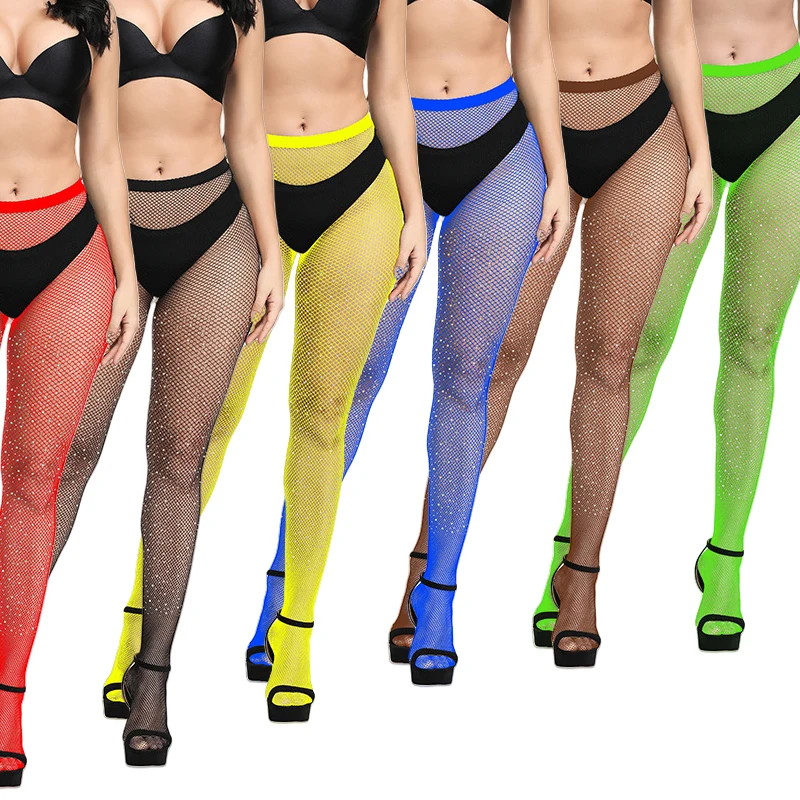 Women's Colorful Collection Mini Net Silver Rhinestone Deco Fishnet Tights Belly and Feet Non-Rhinestone Deco Net Pantyhose