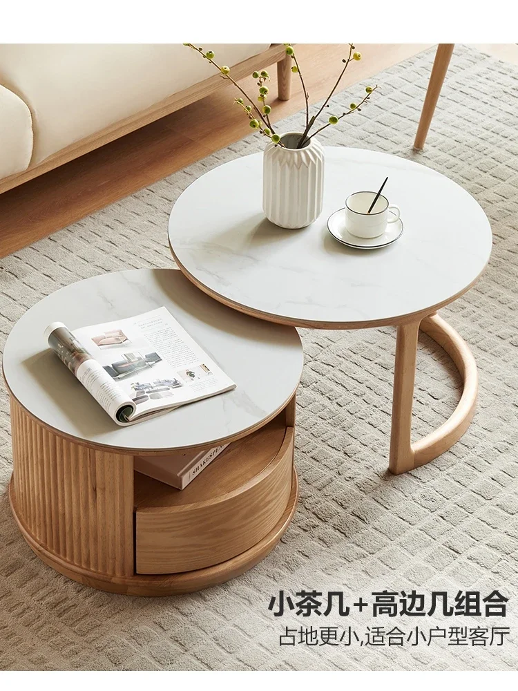 Solid wood rock slab coffee table Nordic round retractable small apartment storage living room simple and fashionable side table
