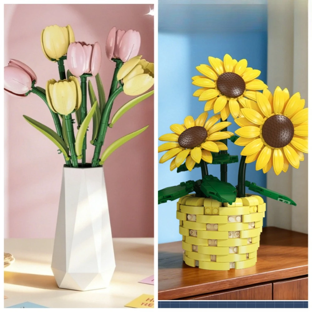 

MOC Elegant Pure Tulip Flower With Vase Building Blocks Set Sunflower Potted Plant Toys For Adults Kids Birthday Holiday Gifts