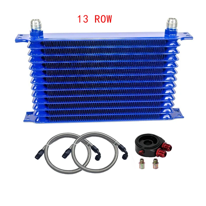 

Universal 13 Rows Oil Cooler Kit + Oil Filter Sandwich Adapter +Stainless Steel Braided Oil Hose AN10 Hose End Fittings BLUE