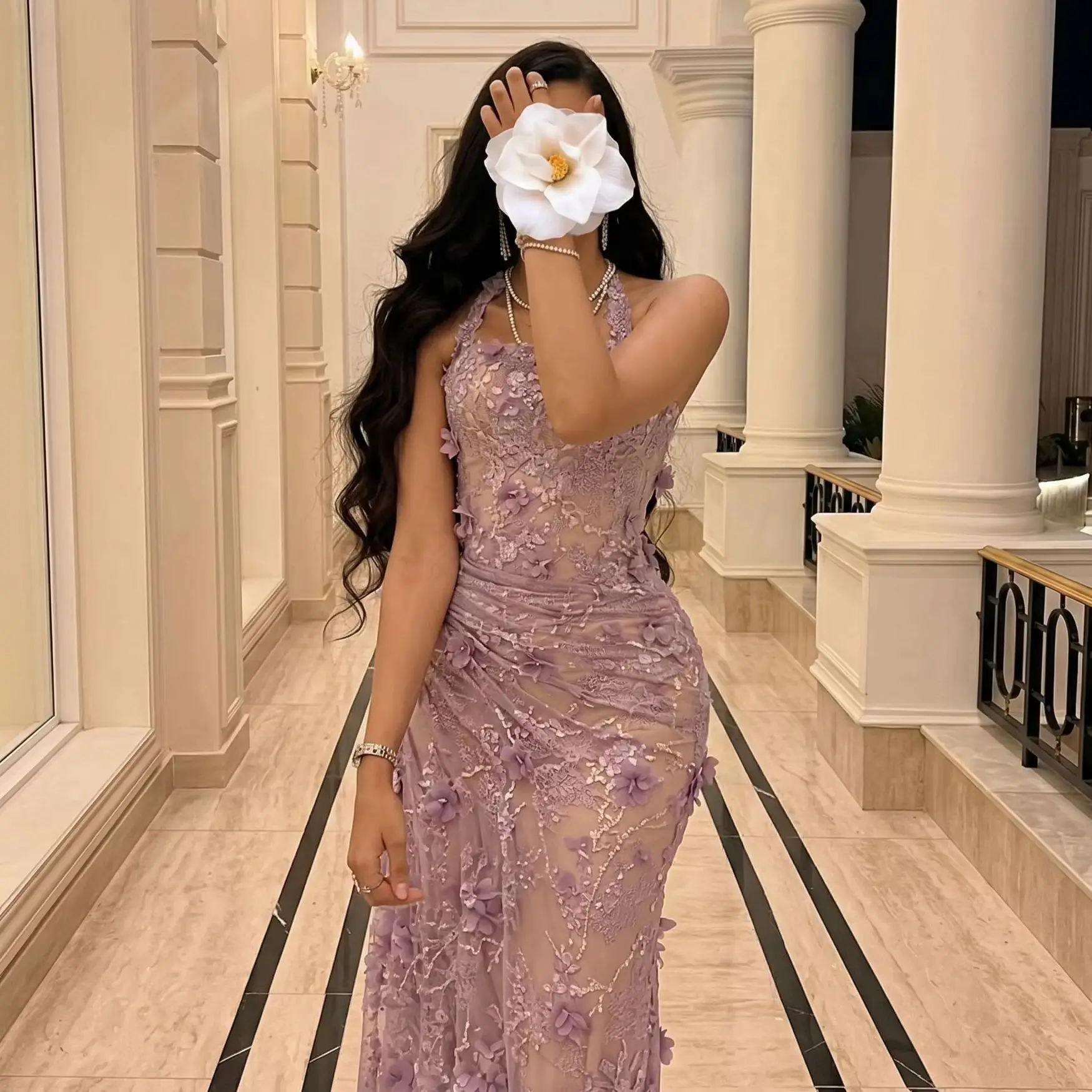 Sharon Said Elegant Lilac Halter Neck Evening Dress 3D Floral Applique Formal Occasion Party Gown for Women SF524 Customized