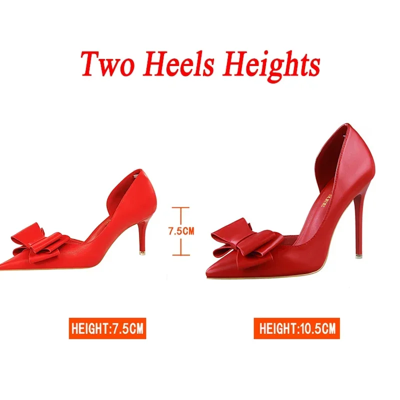 Women Fetish Bowknot 7.5cm 10cm High Heels Sweet Prom Pumps Lady Kawaii Wedding Slip On Low Heels Red Yellow 2024 Scarpins Shoes