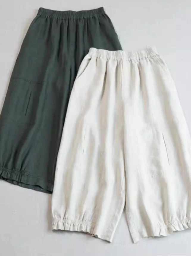 

Loose Wide Leg Comfortable Pure Linen Casual Pants plus Size Japanese Style Summer Vintage Slimming Nine Points Lantern Pants