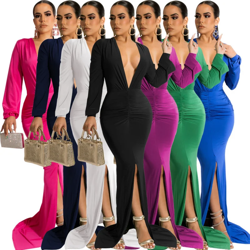 SMR10691 Cross-Border Amazon New European and American Sexy Fashion Solid Color Long Sleeve Split Women's Clothing Dress