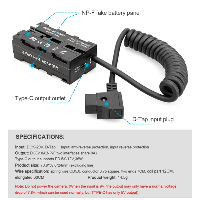 D-Tap aux NP-F550 côté touristes DUNIBattery Câble enroulé Couremplaçant CC Accessoire pour moniteurs LED Vidéo Lumière Émetteur Récepteur