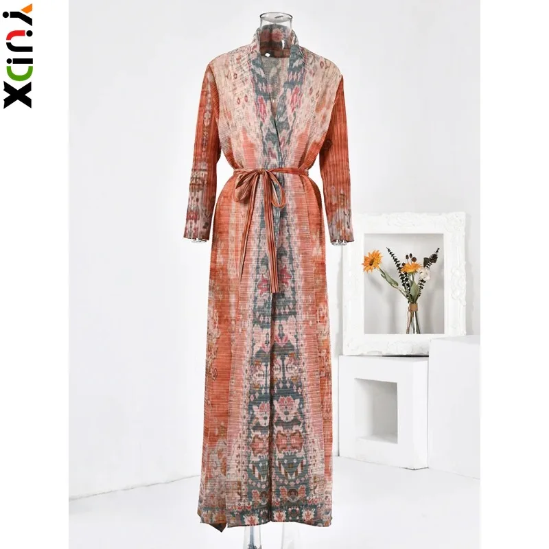 YUDX Miyake Vintage Pleated Maxi Trench Coat Women Printing Long Sleeves Thin Belt Coats Female Trendy Clothing Autumn 2024 New